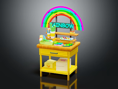 Rainbow Themed Yellow Toy Play Table with Toy Food Cup and Colorful Decorations 3d model