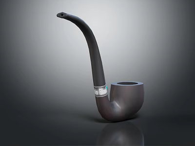 Elegant Dark Colored Tobacco Pipe With Curved Stem And Silver Band Detail 3d model