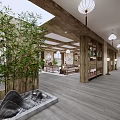 Office Corridor Interior Design With Wooden Beams Hanging Lanterns Green Plants and Built in Bookshelves