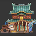 Traditional Chinese Architecture With Green Tile Roof Decorative Eaves Lanterns Dragon Ornament And Sign