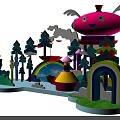 Pink Winged Airship Flying Over Colorful Fairy Tale Scene With Trees Rainbow Cottage And Clouds