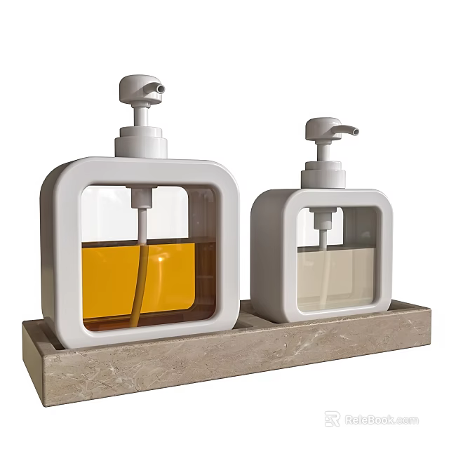 Modern White Bathroom Soap Dispensers With Transparent Bottles On Marble Tray 3d model 