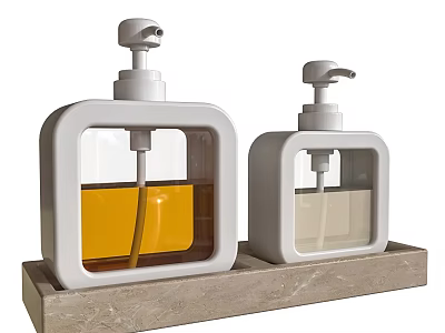 Modern White Bathroom Soap Dispensers With Transparent Bottles On Marble Tray 3d model