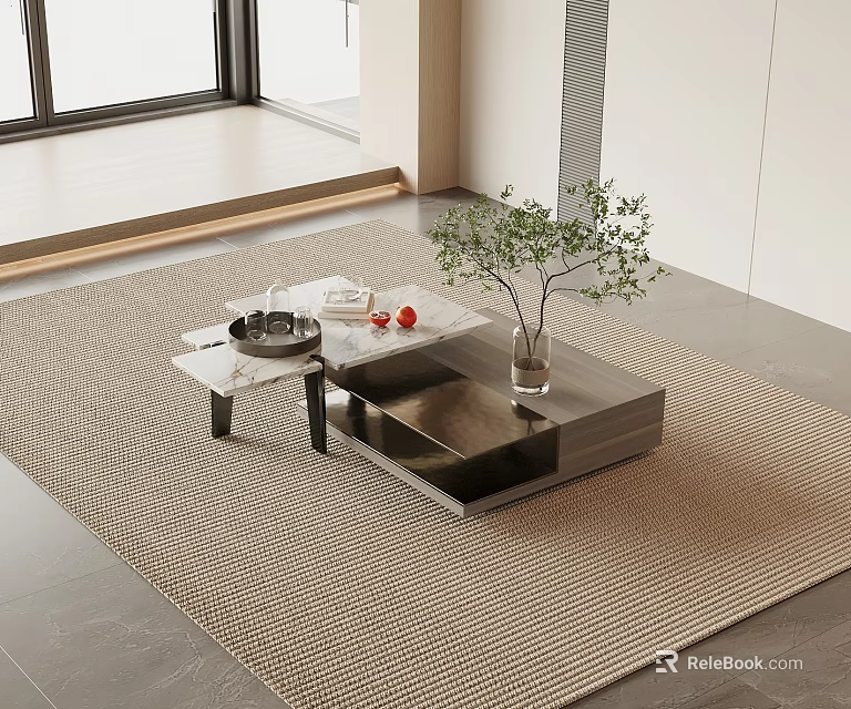 Coffee Table With Marble Top Metal Legs On Woven Rug And Green Plant With Fruits 3d model 
