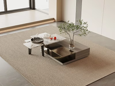Coffee Table With Marble Top Metal Legs On Woven Rug And Green Plant With Fruits 3d model