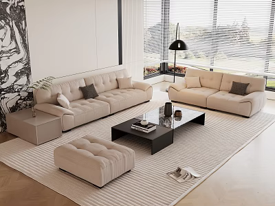 Modern Living Room With Beige Sofa Black Coffee Table And Area Rug 3d model