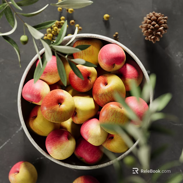 Ceramic Bowl Filled With Fresh Apples And Olive Branches On Dark Countertop With Pine Cone Nearby 3d model 