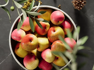 Ceramic Bowl Filled With Fresh Apples And Olive Branches On Dark Countertop With Pine Cone Nearby 3d model