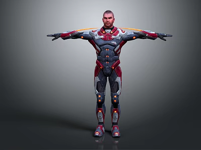 Futuristic Game Movie Character In Red And Gray Tech Armor With Glowing Details Standing Pose 3d model