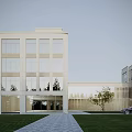 Modern Office Building Exterior With Glass Facade Landscaped Garden Trees And Lawn