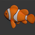 Clownfish with orange body and white stripes in cartoon style on dark background with reflection