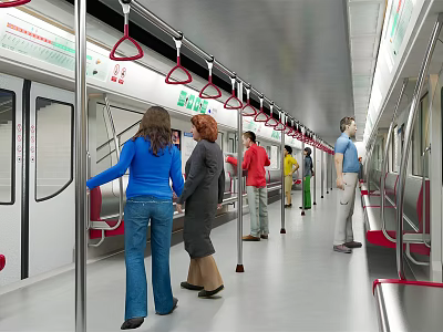 Subway Train Car Interior With Standing Passengers Handrails And Side Seats 3d model