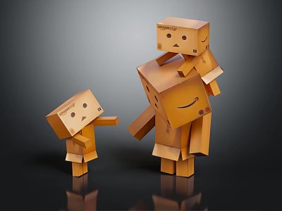 Cute Cardboard Characters With Different Sizes And Smiling Faces Interacting Together 3d model