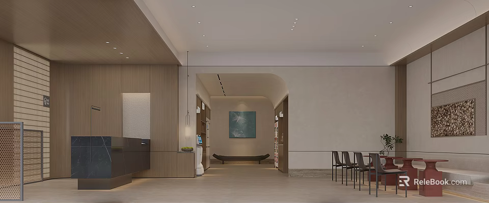 Modern Minimalist Hotel Lobby Interior Design With Warm Wood Finishes And Comfortable Lounge Area 3d model 