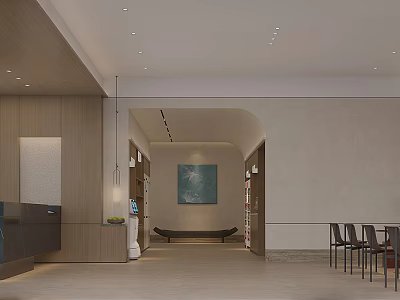 Modern Minimalist Hotel Lobby Interior Design With Warm Wood Finishes And Comfortable Lounge Area 3d model