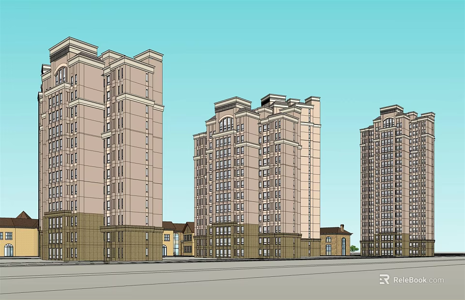 Modern High Rise Residential Buildings Exterior Design With Blue Sky And Low Rise Structures 3d model 