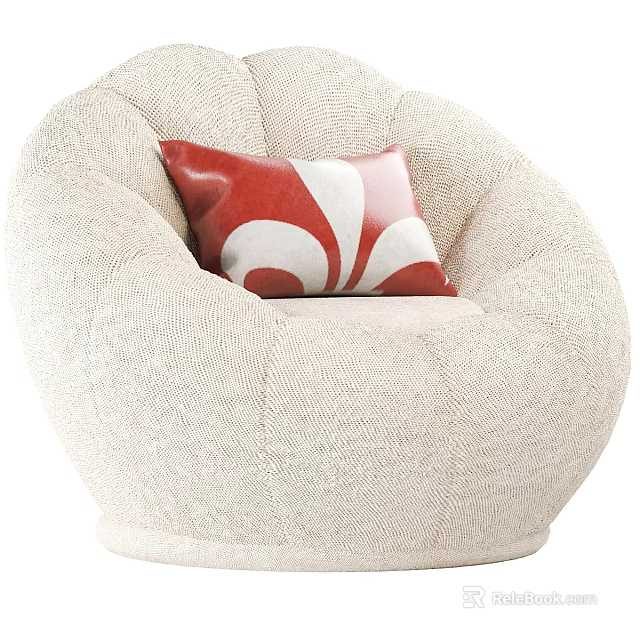 Beige Knitted Single Sofa With Rounded Shape And Red White Floral Cushion 3d model 