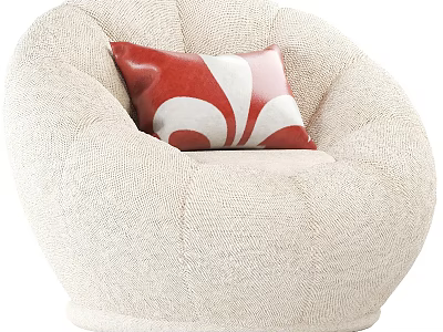 Beige Knitted Single Sofa With Rounded Shape And Red White Floral Cushion 3d model