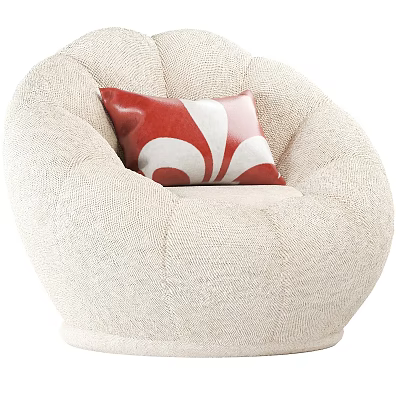 Beige Knitted Single Sofa With Rounded Shape And Red White Floral Cushion 3d model