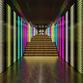 Modern Colorful Illuminated Corridor Interior With Neon Lights And Perforated Walls