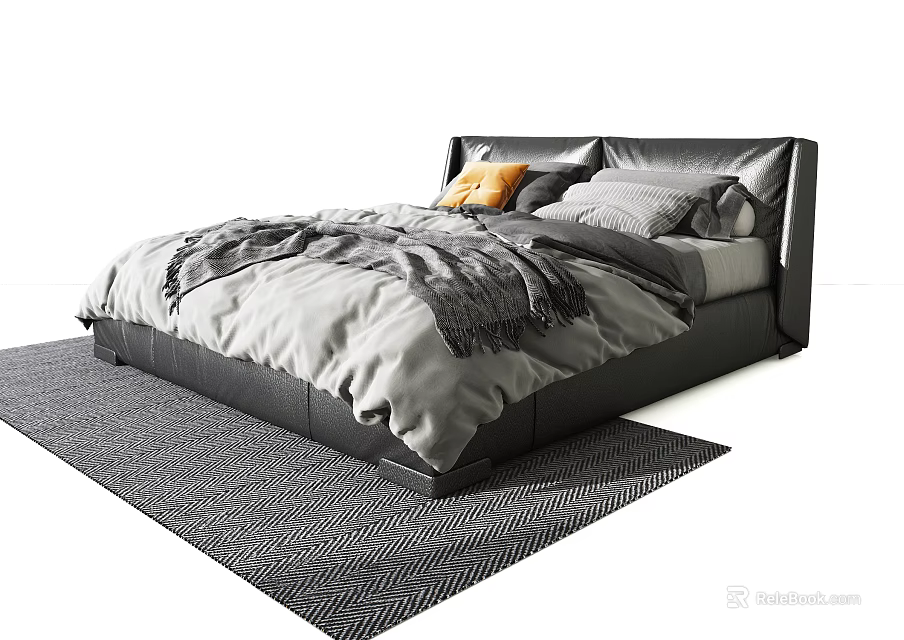 Modern Double Bed With Gray Bedding Orange Accent Pillow And Herringbone Rug 3d model