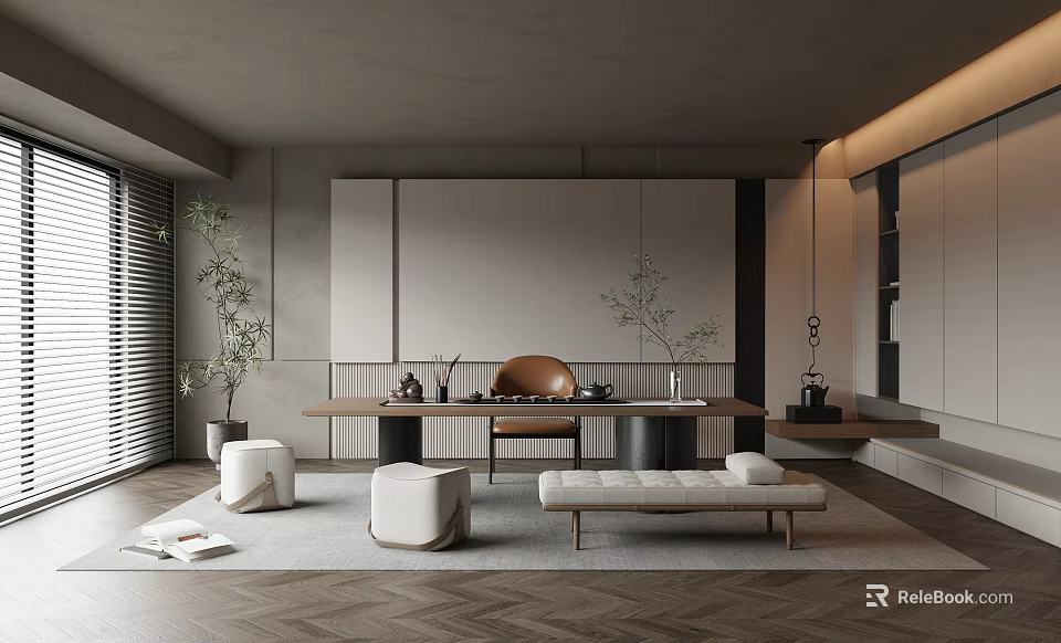 Modern Tea Room With Wooden Table Green Plants And Herringbone Floor 3d model 