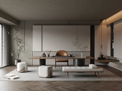 Modern Tea Room With Wooden Table Green Plants And Herringbone Floor 3d model