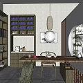 Minimalist Tea Room Interior With Wooden Lattice Shelves Long Tables And Pendant Lights