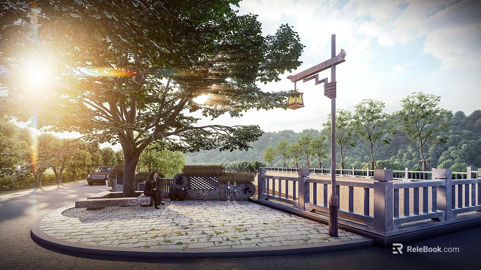Sunlit Rural Landscape With Big Tree Stone Path Hanging Lantern And Distant Mountains 3d model 