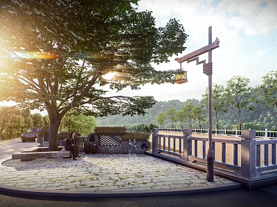 Sunlit Rural Landscape With Big Tree Stone Path Hanging Lantern And Distant Mountains 3d model
