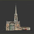 Church Building Model Featuring Tower Spire Brown Roof And Red Car Display Scene