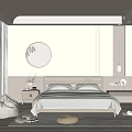 Minimalist Bedroom Interior Design With Bed Bedside Table Circular Wall Art Blinds And Wardrobe Rug