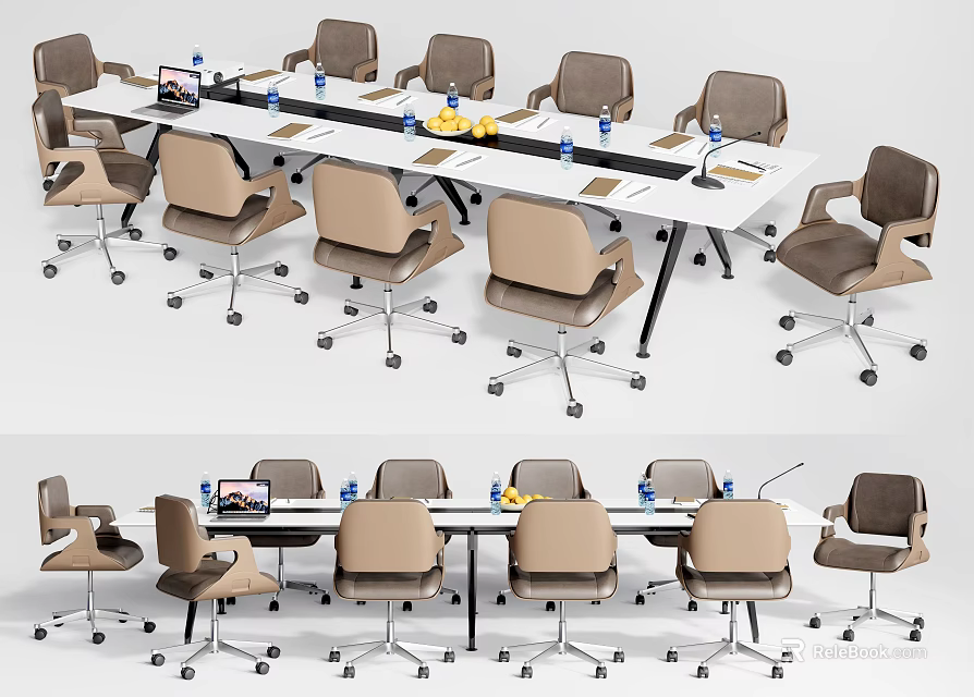 Modern Conference Table Setup With Office Chairs Water Bottles And Documents 3d model