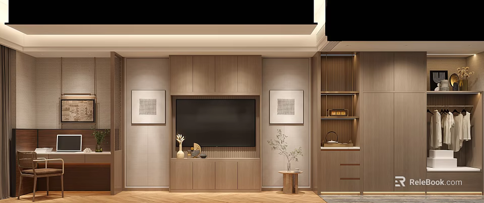 Hotel Guest Room Interior With Wooden Cabinets TV Decorative Paintings And Green Plant 3d model 