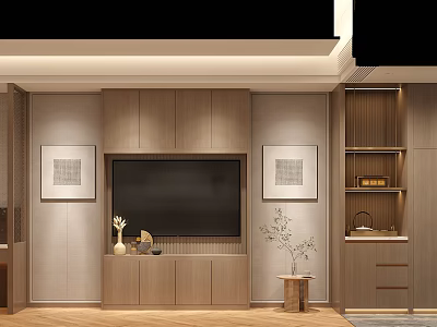 Hotel Guest Room Interior With Wooden Cabinets TV Decorative Paintings And Green Plant 3d model