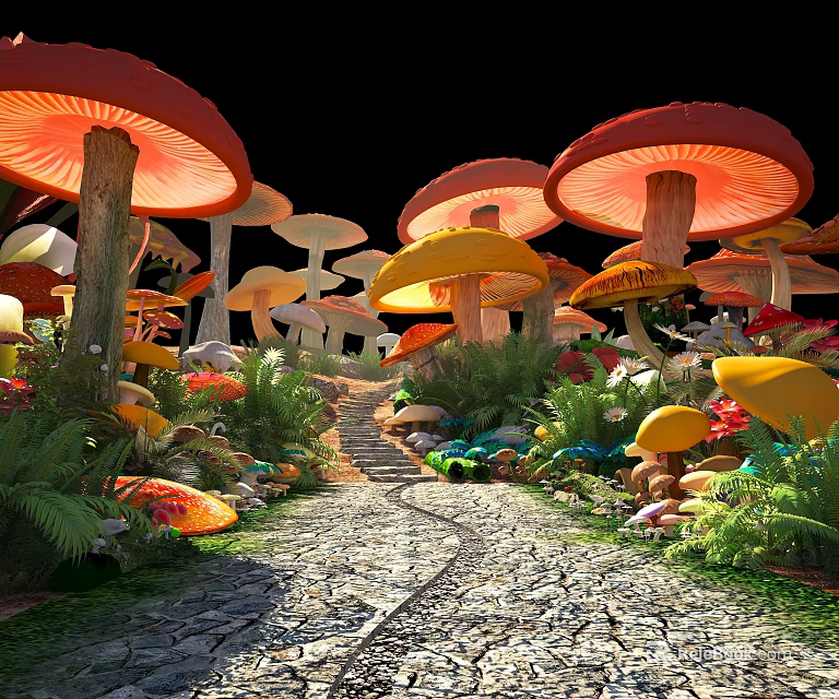 Magical Pathway With Colorful Mushrooms Lush Grass And Dark Background 3d model 