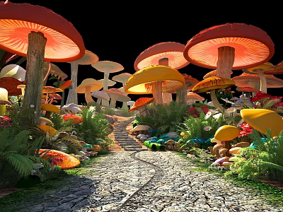Magical Pathway With Colorful Mushrooms Lush Grass And Dark Background 3d model