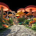 Magical Pathway With Colorful Mushrooms Lush Grass And Dark Background