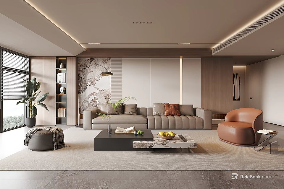 Modern Minimalist Living Room Interior With Beige Sofa Brown Armchair And Coffee Table 3d model 