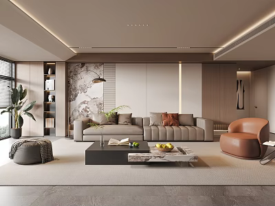 Modern Minimalist Living Room Interior With Beige Sofa Brown Armchair And Coffee Table 3d model