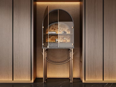 Elegant Modern Wine Cabinet With Glass Doors And Golden Legs In Wooden Wall Setting 3d model