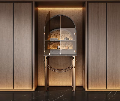 Elegant Modern Wine Cabinet With Glass Doors And Golden Legs In Wooden Wall Setting 3d model