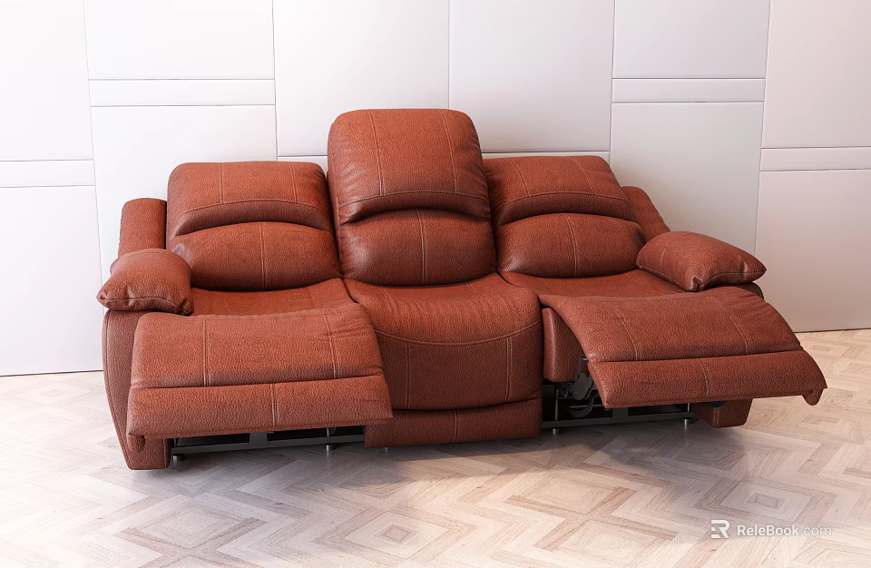 Brown Leather Reclining Sofa With Extendable Footrests in Modern Interior White Wall Light Wooden Floor 3d model 
