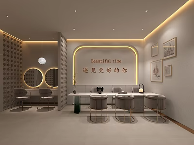 Stylish Beauty and Hair Salon Interior Design With Round Mirrors Comfortable Chairs And Soft Lighting 3d model