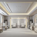 Elegant Hotel Public Lounge Area With White Sofas Decorative Carpet And Wall Painting