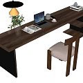 Wooden Desk with Laptop Open Book Cup Potted Plant and Wooden Chair with Shelves