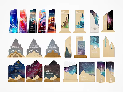 Various Designed Trophies And Medals With Colorful Patterns And Artistic Motifs 3d model