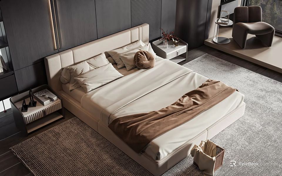 Modern Double Bed With Light Upholstered Headboard Pillows Brown Blanket Nightstands And Area Rug 3d model 
