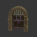 Ancient Stone Arch Door With Wooden Panel Iron Bars And Metal Knocker