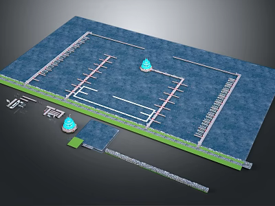 Site Layout Design With Blue Surface Green Border White Path Lines And Marker Cones 3d model